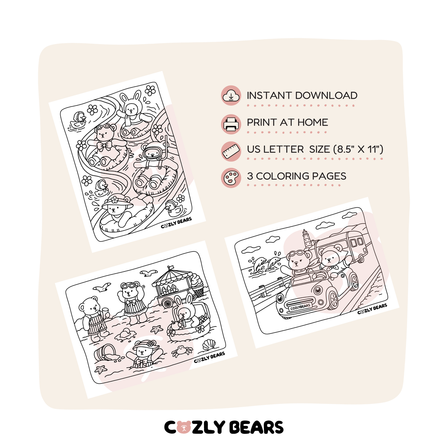 DIGITAL COLORING PAGE • SUMMER WITH COZLY BEARS